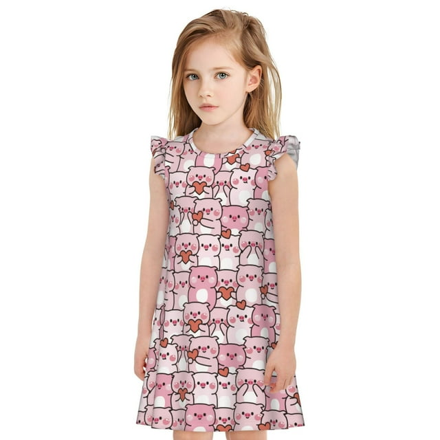 Vsdgher Kawaii Cochon pour Filles Chemises de Nuit Manches Courtes à Volants Robe de Nuit Pyjama pour Fête Pyjama-Grand