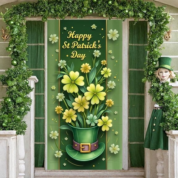 Green Theme Welcome Banner Gold Heart Pattern Gnome Backdrop Sunflower Design Clover Sunflower Background for Home Decoration Spring Celebration Welcome Event