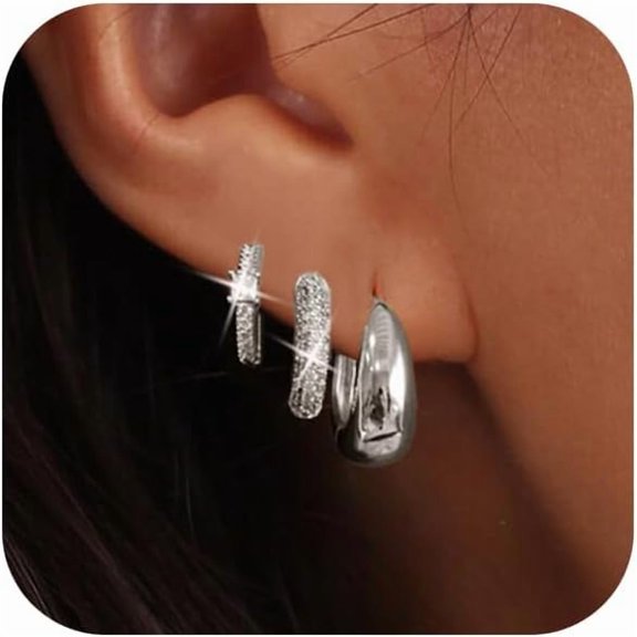 Small Silver Hoop Earrings Set for Women, Sterling Silver Earrings Chunky Silver Hoop Earrings Tiny Lightweight CZ Earrings for Women Trendy Fashion Jewelry for Women[s559]