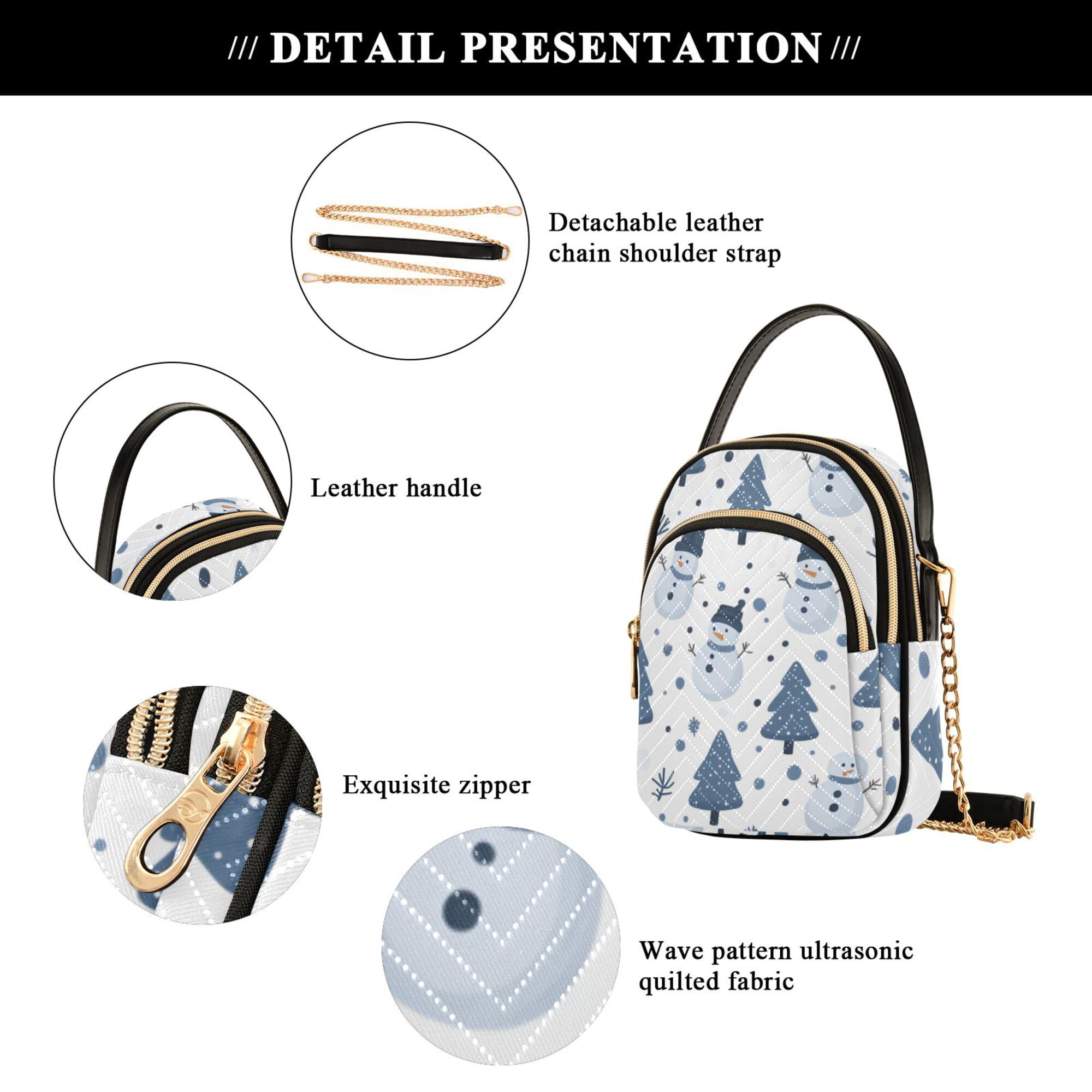 FORMRS Crossbody Bag for Women Quilted Travel Shoulder Cell Phone Purse with Chain Strap Handbag, Blue Cute Snowmen