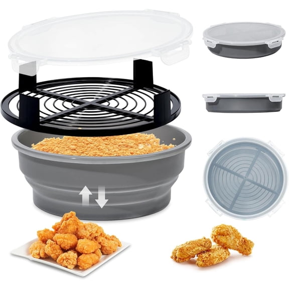 Collapsible Better Breader Shaker Bowl, No-Leak Mess-Free Batter Breading Station for Chicken, Fish,Onion Rings& Vegetables–Perfect Fried Food Coating Tool with Lid, Dishwasher Safe(Gray)