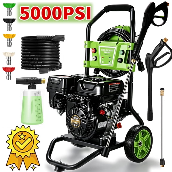 Professional 5000PSI 4GPM 209CC Gas Pressure Washer, 8" Wheels 25FT Hose 750ML Foam Bottle 5 Nozzles 3600RPM 7.0HP Commercial/Household Gas Power Washer for Cleaning (EPA/CARB/ETL Compliant)