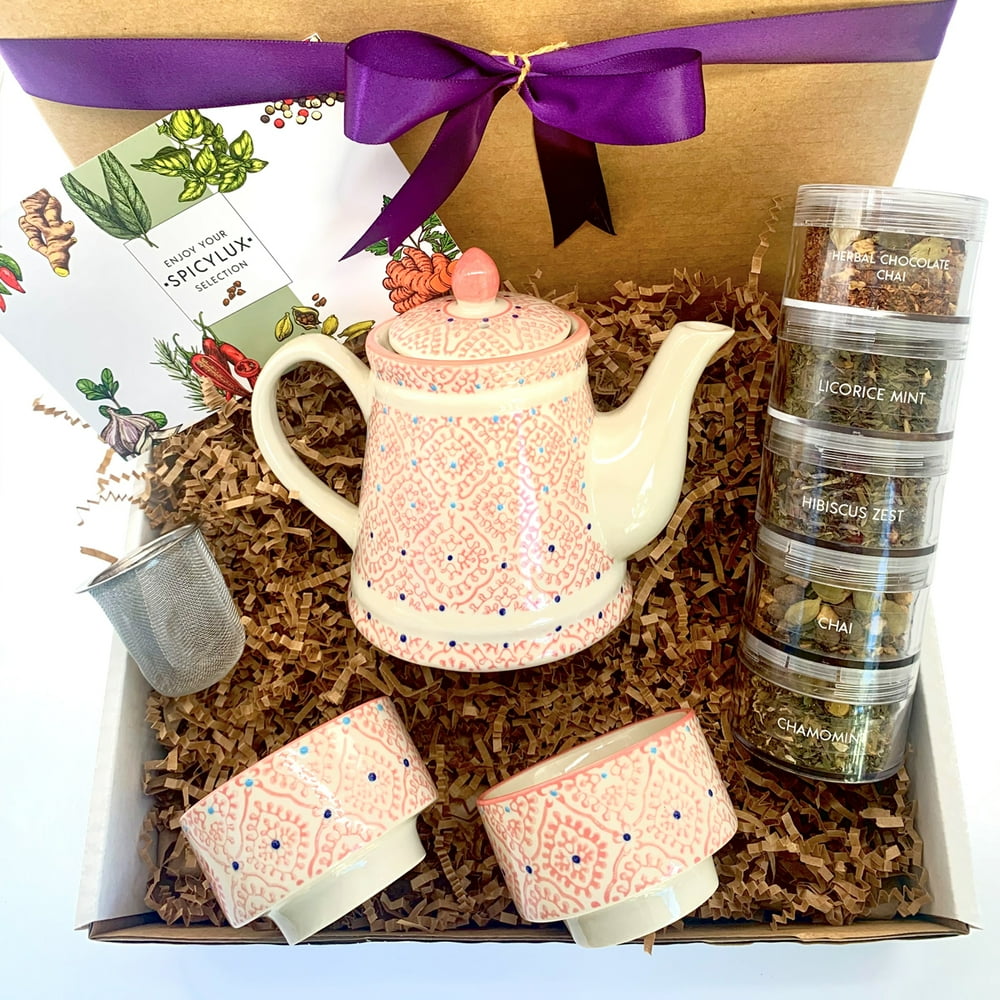 Stylish Pink Teapot, Infuser, Cup and Tea Gift Bundle 5 Flavors of