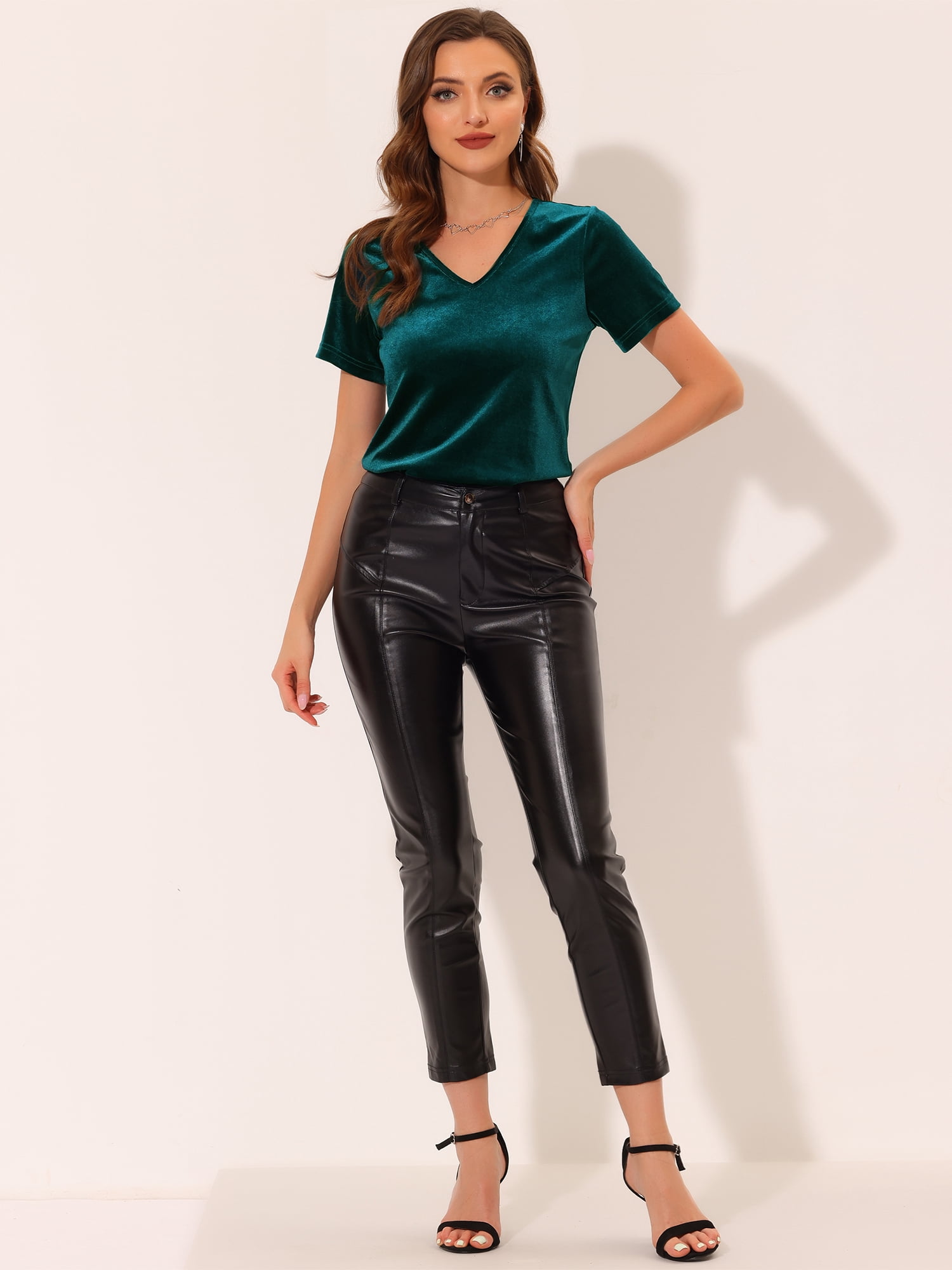DARING DIVA Women's Velvet Top Short Sleeve Casual T-Shirt S Lake Green