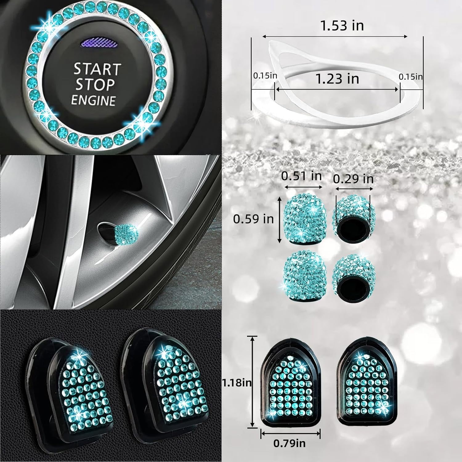 27 PCs Aquamrine Bling Car Accessories Set for Women, Steering Wheel Covers Universal Fit 15 Inch, Bling License Plate Frame, Bling Phone Holder, Bling Car Coasters (Aquamrine Diamond)