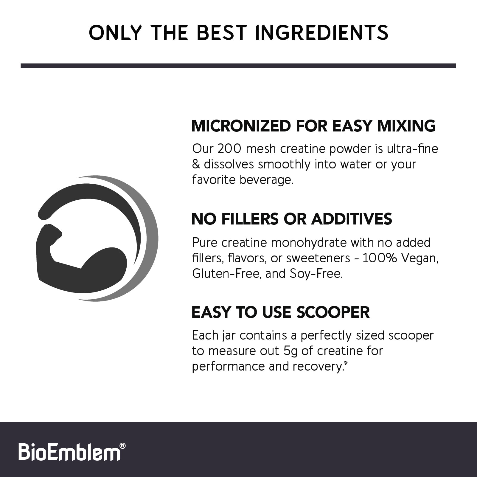 BioEmblem Creatine Monohydrate Powder - Unflavored Micronized Creatine Easily Mixes - Muscle Strength, Workout Recovery, Exercise Performance - 300g Creatine Supplement - Non-GMO, Vegan- 60 Servings