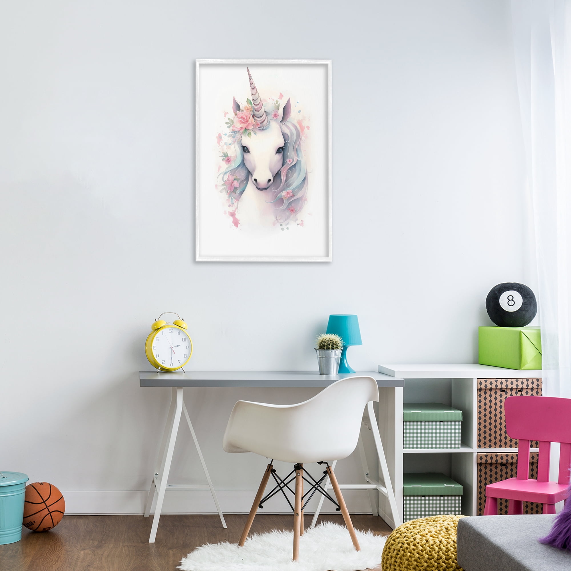 Stupell Industries Unicorn with Pink Flower Crown White Framed Giclee Art, design by Creative Studio
