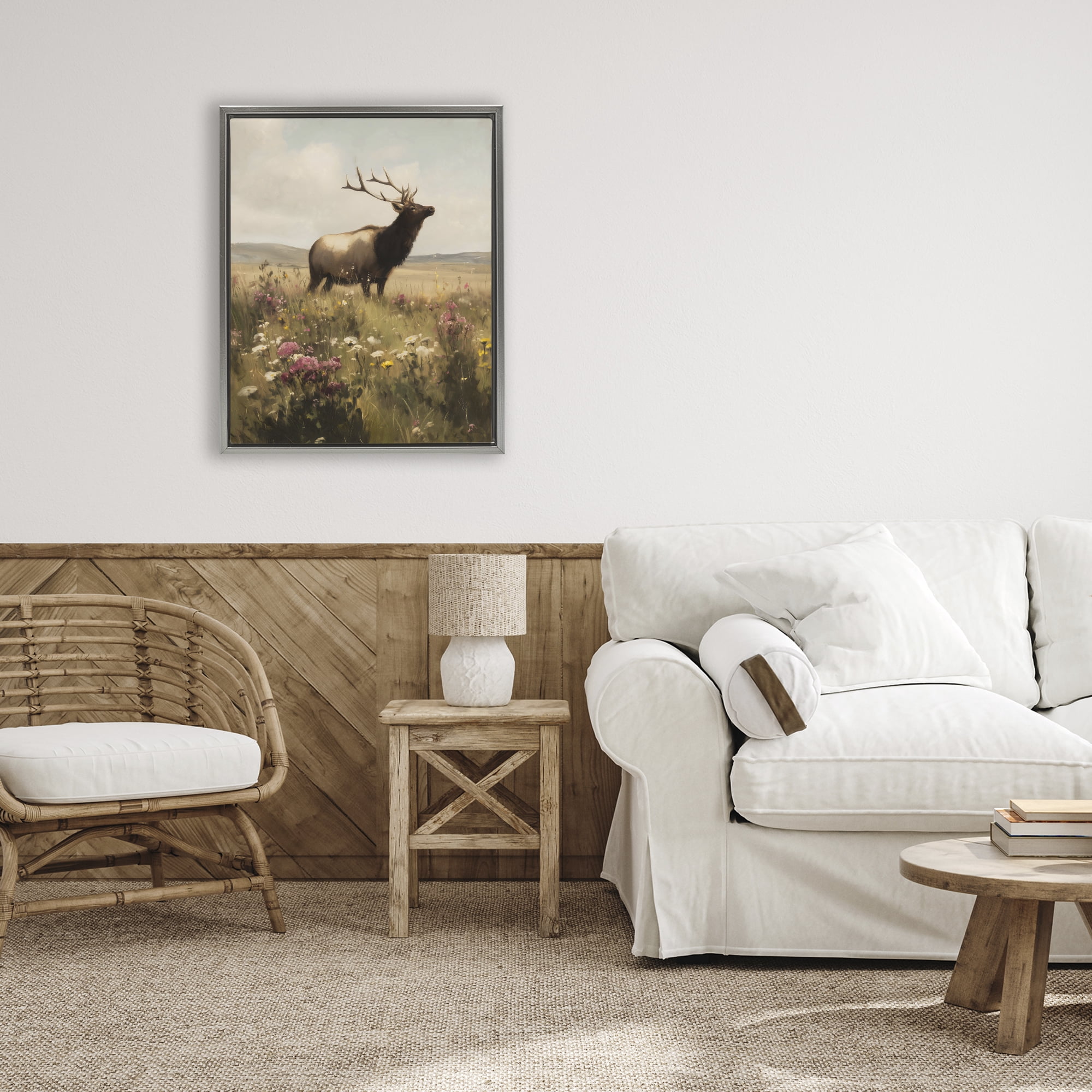 Stupell Industries Elk in the Wildflower Meadow Gray Framed Floater Canvas Wall Art, design by Arlington Prints