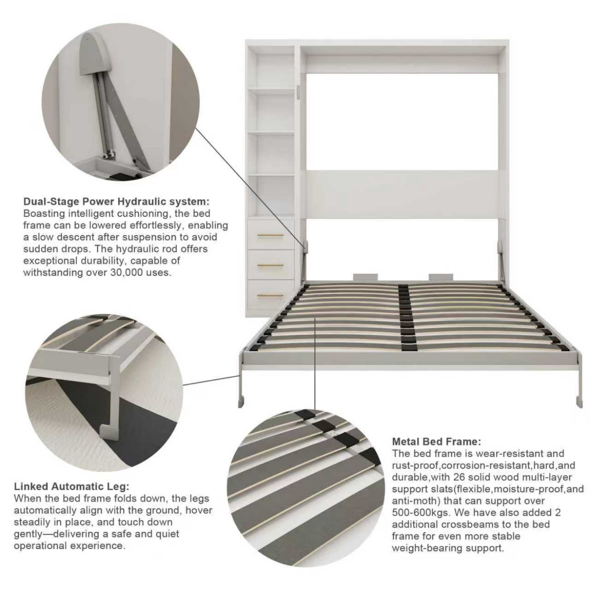 Queen Size Murphy Wall Bed with Desk and Side Cabinet, Foldable Wall Bed with Automatic Leg and Hydraulic System, Space-Saving Cabinet Bed for Home Office, Bedroom, White