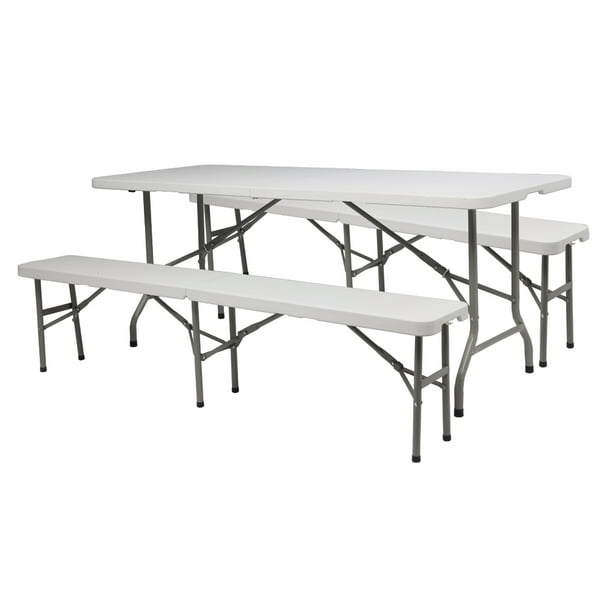 VINGLI 6 ft 3Piece Portable Picnic White Table Bench Set, WeatherResistant Plastic Folding