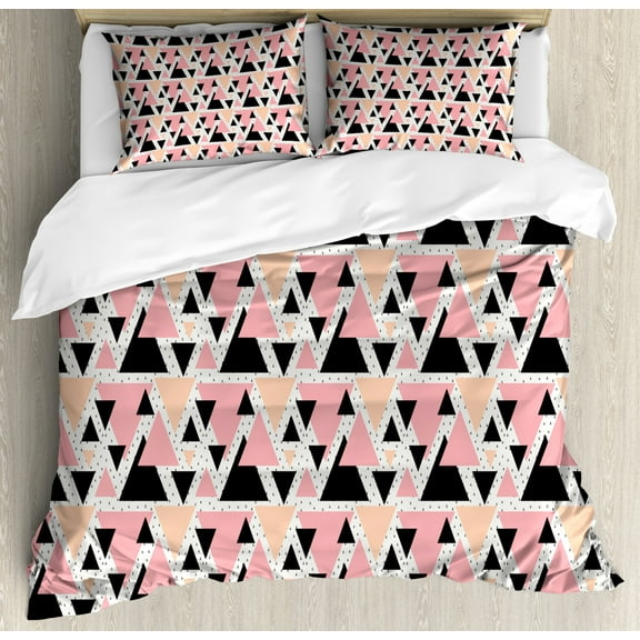 Geometric Duvet Cover Set King Size, Modern Composition with Different Colored Triangles Doodle Shapes Artistic, Decorative 3 Piece Bedding Set with 2 Pillow Shams, Peach Coral Black, by Ambesonne