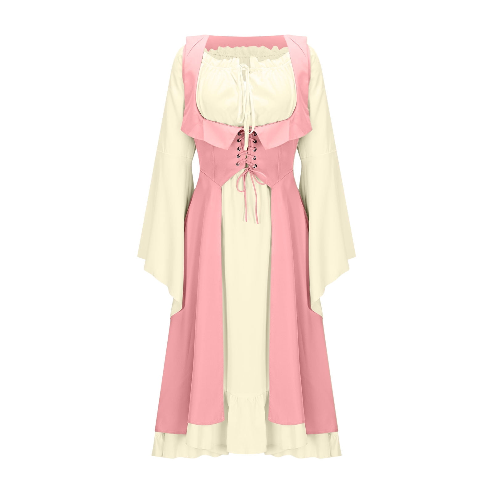 FASESH Womens Renaissance Costume Medieval Dress, Flared Sleeve Lace Up Girdle Pleated A-Line Flowy Maxi Dresses XL, Women's, Pink