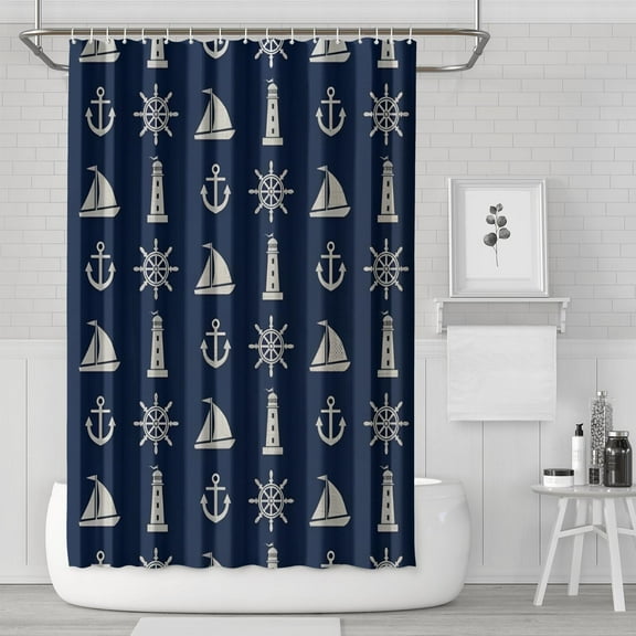 Sailing Nautical Shower Curtain with Anchor, Ship, Lighthouse, Compass, and Marine Map Print, Coastal Ocean Waves and Maritime Voyage Design Waterproof Fabric with Hooks