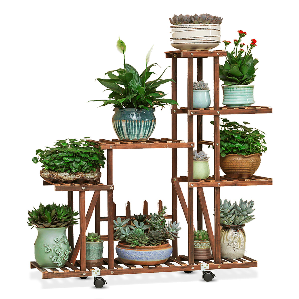 4 Tier Garden Wooden Plant Stand Pot Holder Display Shelf Indoor/Outdoor Wheels