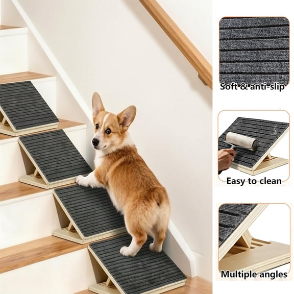 Dog Ramp for Stairs, 4 Pack Wooden Pet Steps Adjustable Stair ramp for Small Dogs, Foldable Anti-Slip Stair Ramp for Senior, Short-Legged & Injured Pets, Low-Angle Dog Stair Wedge
