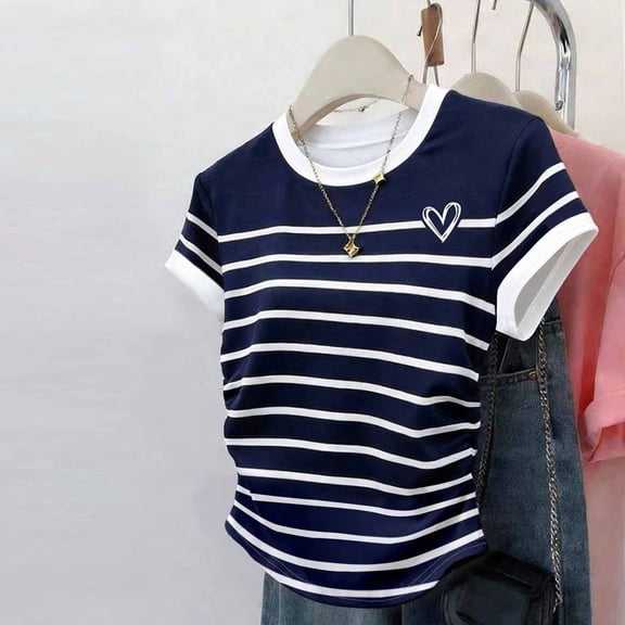 Aimik Women's Color Block Striped T-Shirt Summer Crew Neck Short Sleeve Slim Fit Top Casual Lightweight Crop Tee