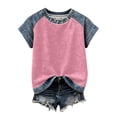 thumbnail image 4 of Womens Summer Tops Shorts Sleeve Waffle Knit Crew Neck T-Shirts Faux Denim Patchwork Dressy Tunic Trendy Plain Blouses Shirts Lounge Casual Loose Fit Tees Shirt Top Going Out, 4 of 7
