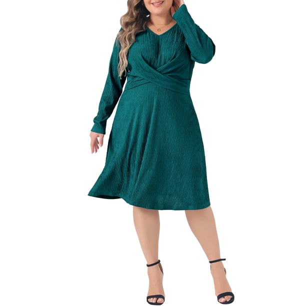 Vestidos de mujer de talla grande GRACE & GRANDEUR, vestido midi de suéter elegante de manga larga con cuello en V cruzado 3X verde