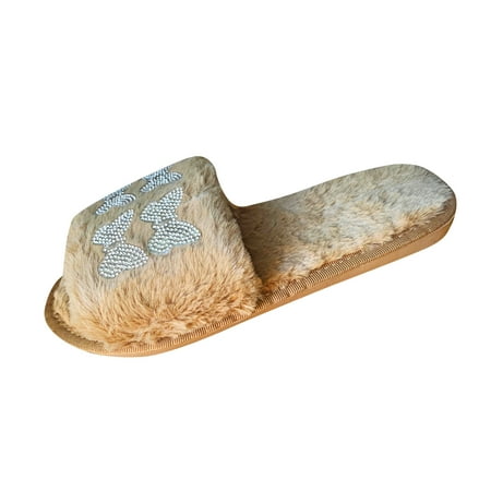 

Bnwani Sandals Shoes for Women Plush Slipper Bow Flat With Home Slipper Shoes Indoor Flip Flop Khaki 6
