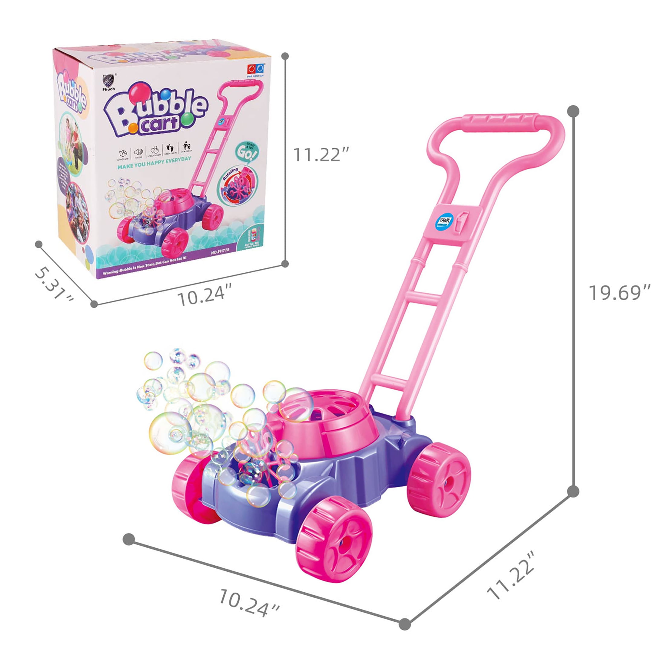 KOPPOP Bubble Lawn Mower - Bubble Machine for Outdoor and Indoor Use, Push Mower with Sound Effects and Bubble Blowing Function - Purple