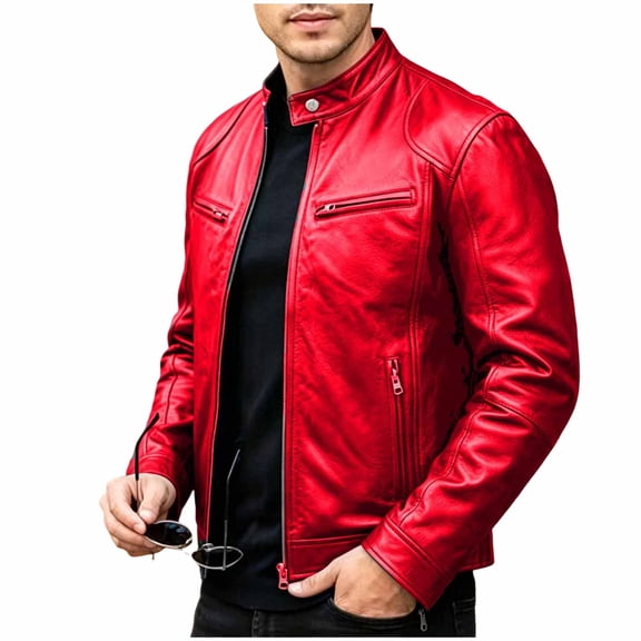 Ecqkame Mens Leather Jackets Vintage Lapel Pu Zip Up Fit Bomber Jacket Casual Everyday Versatile Street Outerwear Red XXXXL