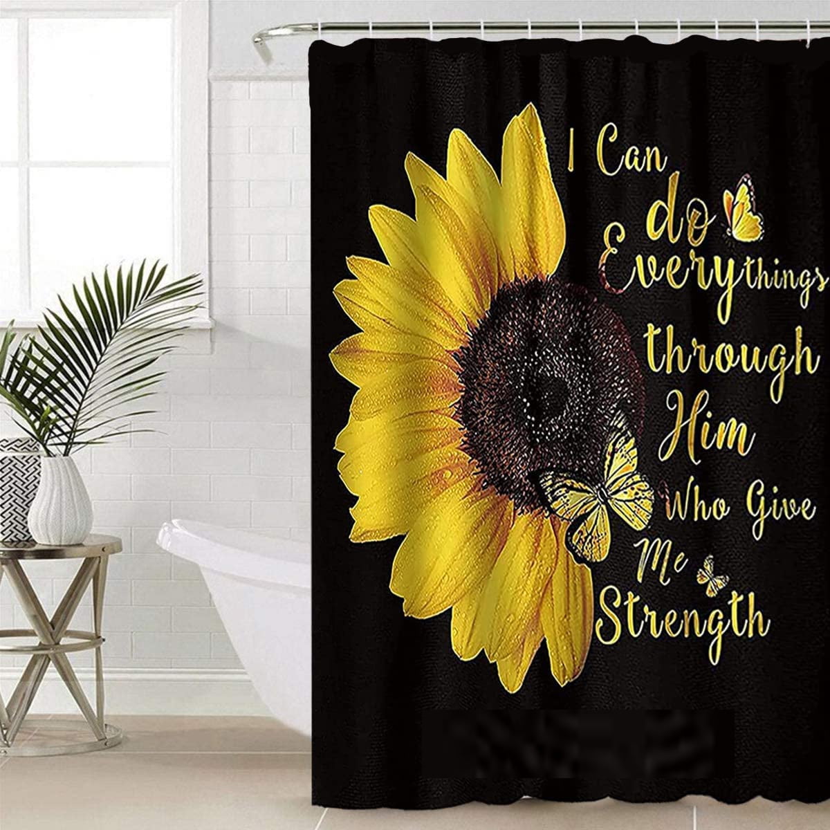 4 Pcs Bathroom Shower Curtain Set Sunflower Shower Curtain Bathroom Sets Valentine's Day Shower Curtain Sets with Rugs(Bath Mat,U Shape and Toilet Lid Cover Mat) and 12 Hooks