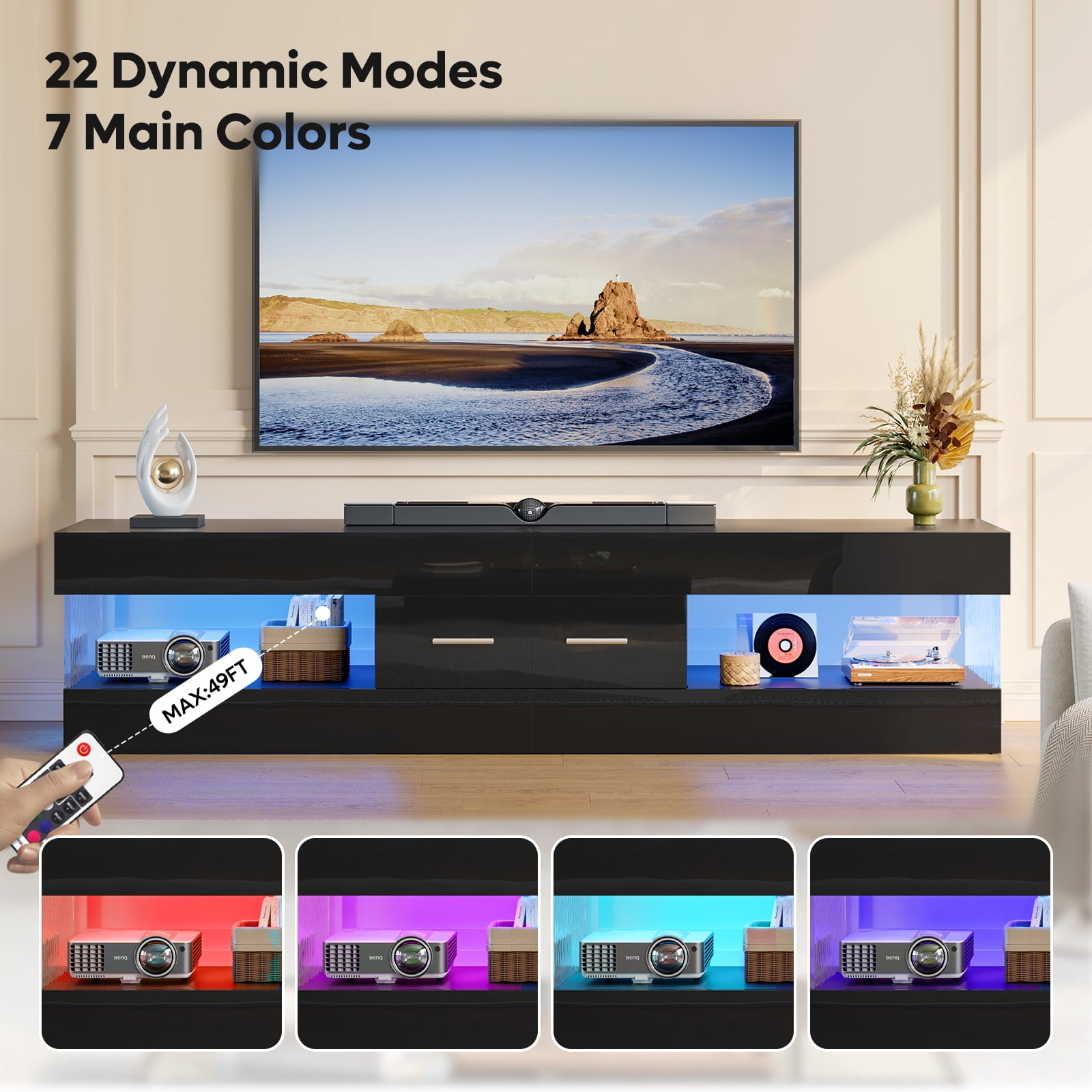 Bestier Black TV Stand for TVs up to 75", Modern Entertainment Center for TVs with LED Light, High Gloss TV Console Table with Storage Drawers