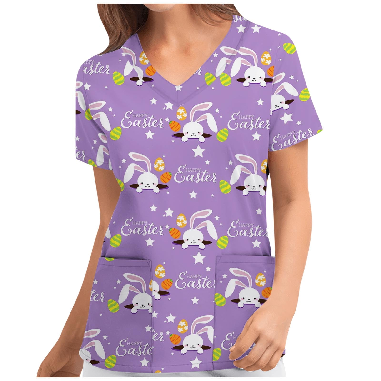 Mchoice Women's Floral Print Stretch Scrub Top with Pockets V-Neck Comfy Scrub Top Tunic Top on Clearance