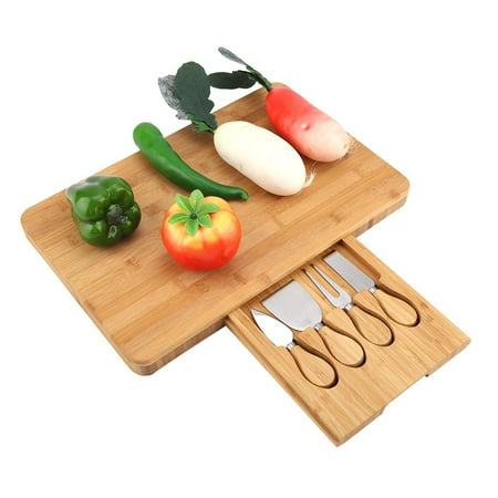 WALFRONT Bamboo Cheese Board Set With Cutlery In Slide-Out Drawer Including 4 Serving Utensils Unique Bamboo Charcuterie Platter and Serving Tray for Cheese Fruit Wine Cracker