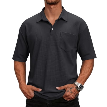 CIENVNSTG Men&rsquo;s Shirts 3 Buttons Short Sleeve Performance Outdoor Golf Sports Tops with Pocket Regular-Fit Gray XL