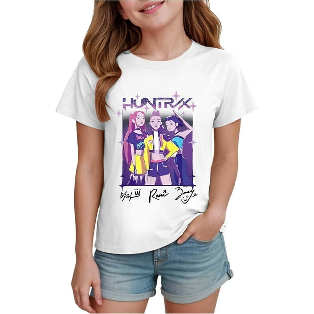 K pop Demon Chandail pour Filles, T-Shirt Graphique Mignon avec Dessin Animé, T-Shirt Tendance et Drôle, Chandail pour Enfants, Hauts Roses, Manches Courtes, Col Ras du Cou