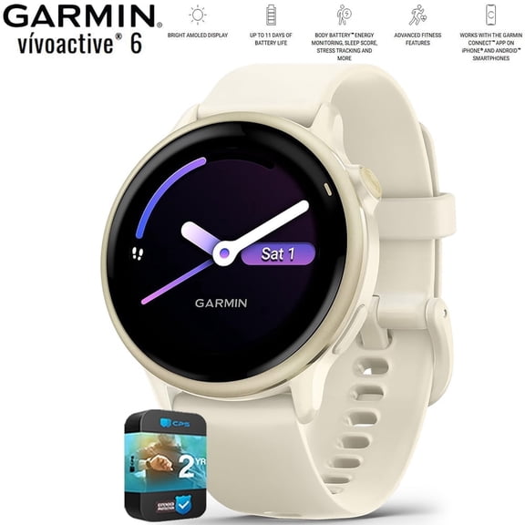 Garmin 010-02985-01 VIVOACTIVE 6 Health and Fitness GPS Smartwatch Bone with Silicone Band Bundle with 2 YR CPS Enhanced Protection Pack