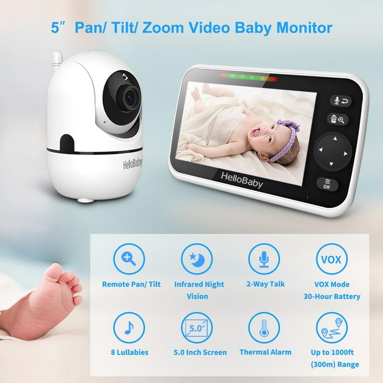 HelloBaby 720P 5.5'' HD Video Baby Monitor No WiFi, Remote Pan