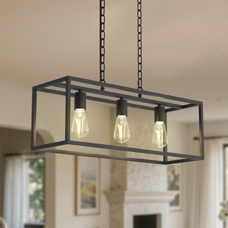 YANSUN 3-Light Matte Black Farmhouse Rectangular Chandelier for Kitchen Island, Dining Room, Foyer