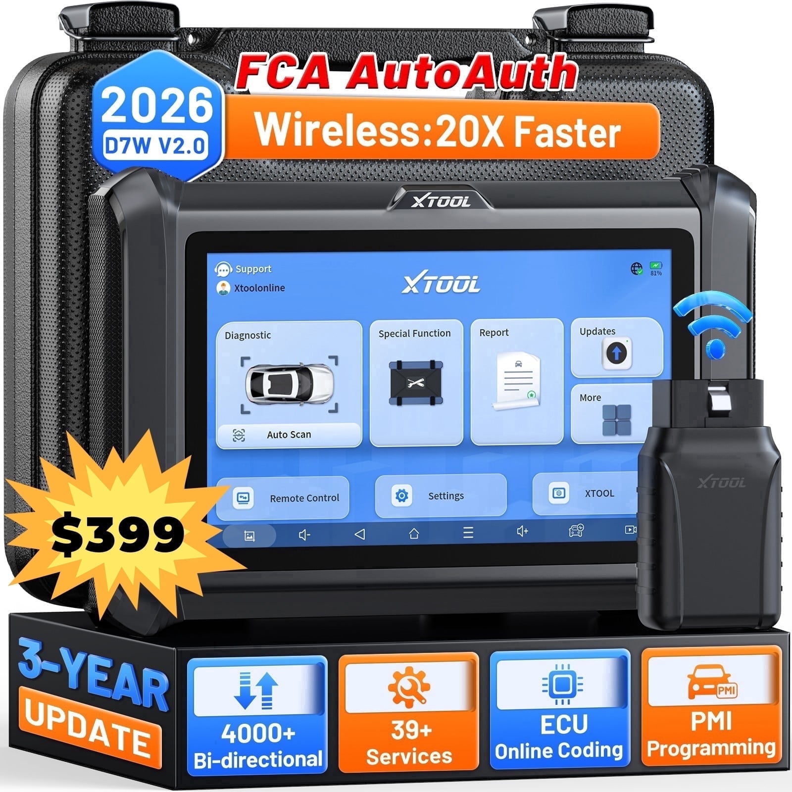 XTOOL D7W V2.0 Bluetooth OBD2 Scanner Diagnostic Tool All System Bidirectional Scan Tool, PMI, 39 Resets, FCA, 3 Years Free Update