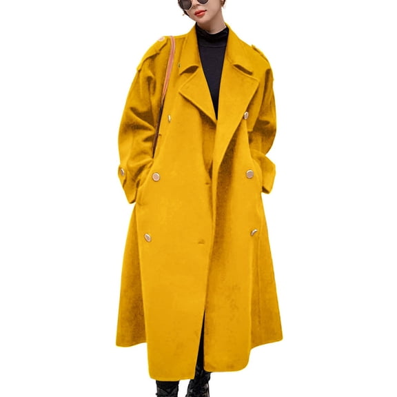 sicmoss Women's Yellow Double Breasted Wool Pea Coat Notch Lapel Midi Winter