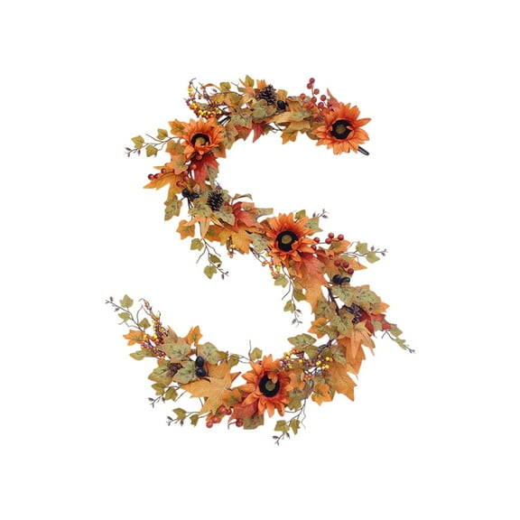 6ft Fall Garland, Artificial Halloween Garland with Berries Sunflowers Maple Leaves for Mantle Front Door Table Fireplace Wall Outdoor