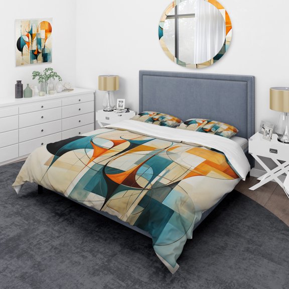 Designart "Orange Blue Mid Century euphony In Geometry I" Mid-Century Bedding Covert Set - Abstract Midcentury Orange Abstract Bed Set With 2 Shams