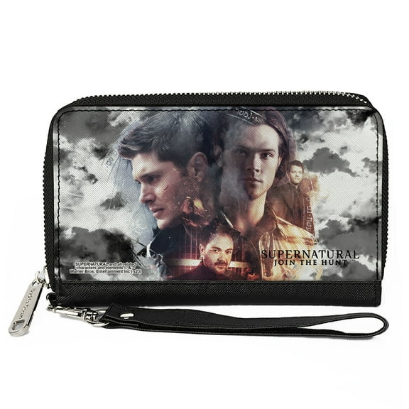 Supernatural Wallet, Zip Around, Supernatural 4-Character Collage in Clouds Grays/Sepia, Vegan Leather