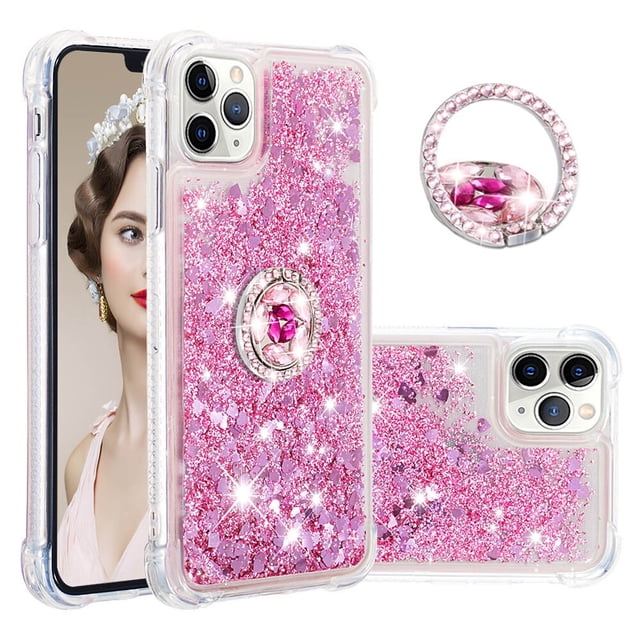 Funda para iPhone 11 PRO MAX con Brillo Líquido Flotante, Purpurina, Parachoques y Anillo Giratorio Soporte