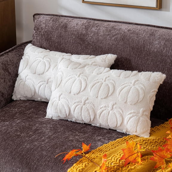 Fall Decorations for Home,Fall Throw Pillow Covers 12"x20" Set of 2, Caramel Farmhouse Thanksgiving Pumpkin Pillows Decorative, Faux Fur Pillow Covers for Couch Bed Room (Beige)