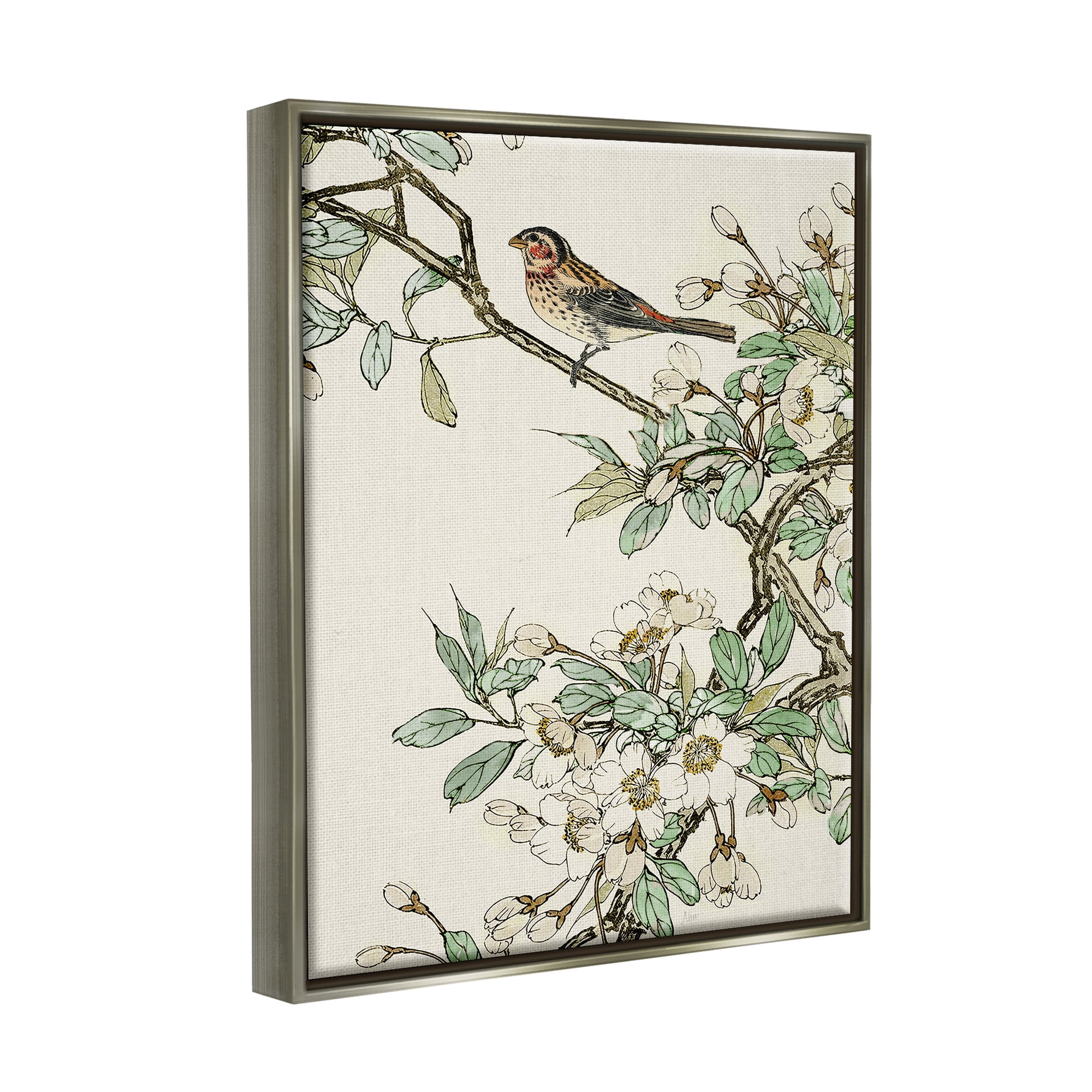 Stupell Industries Traditional Dogwood & Bird Botanical & Floral Painting Gray Floater Framed Canvas Art Print Wall Art, 17 x 21