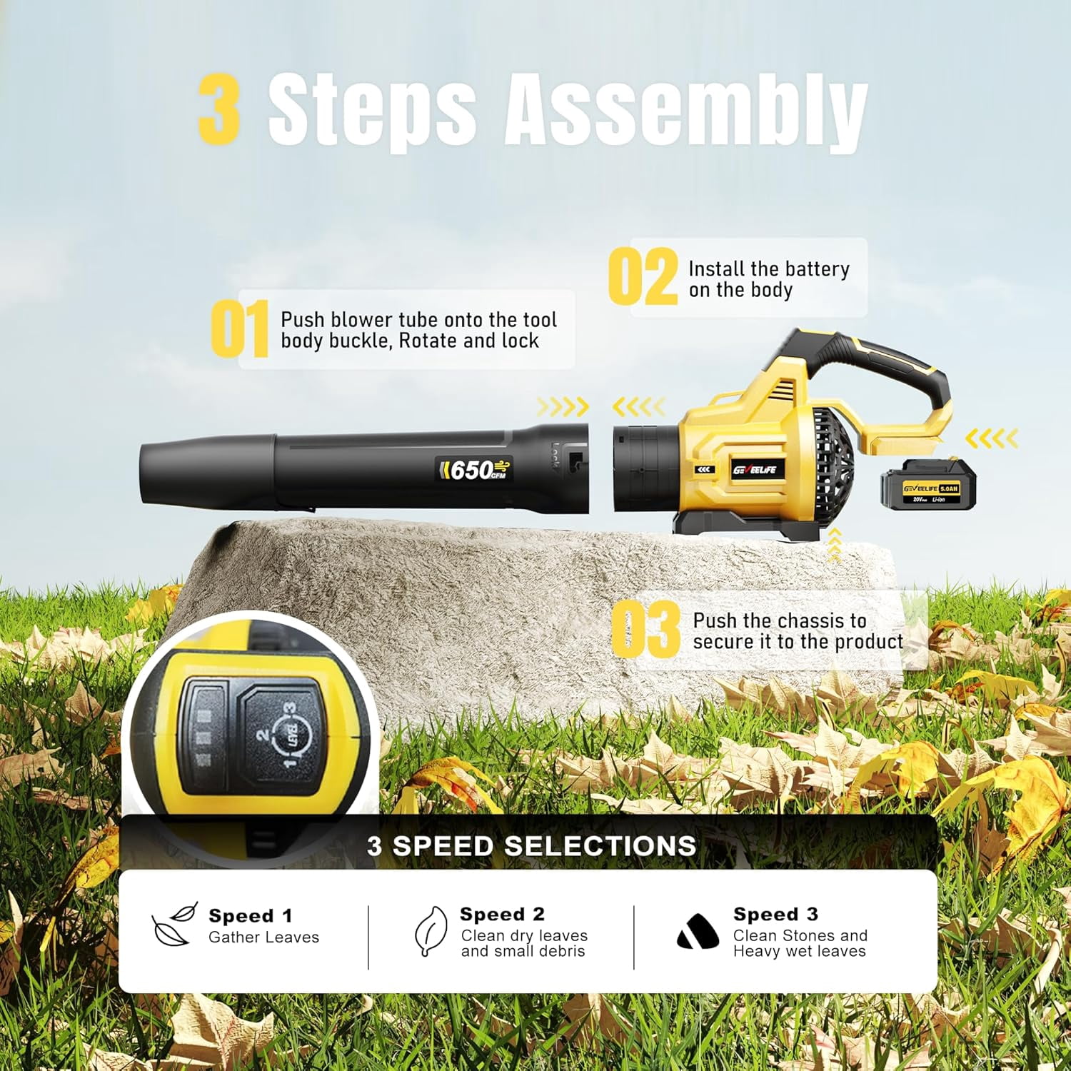 GEVEELIFE Leaf Blower Cordless, 650CFM & 3 Speed Levels, Electric Cordless Leaf Blower with 2 * 5.0Ah Battery Powered, Blowers for Lawn Care, Yard, Blowing Leaves, Dust, Snow