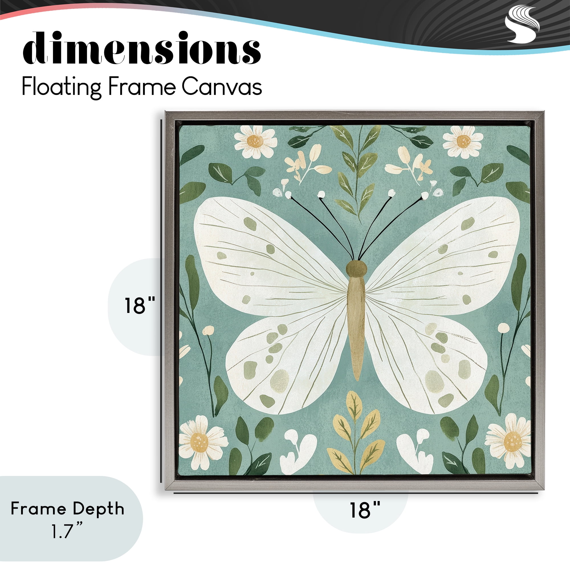 Stupell Industries Teal Butterfly Garden with Daisies Gray Framed Floater Canvas Wall Art, design by Petal Prints Design