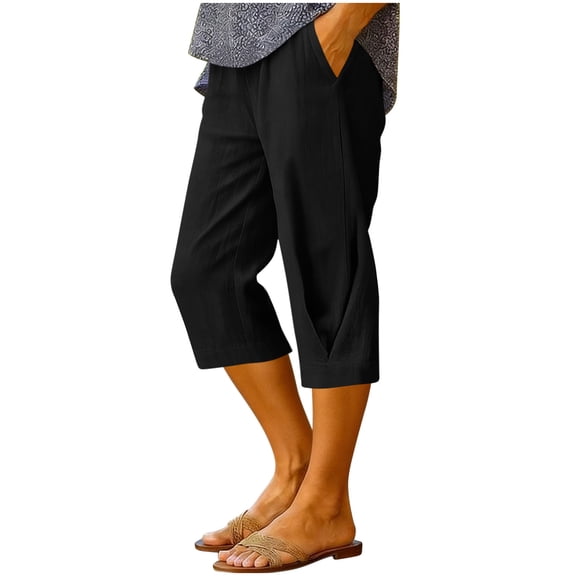 Women's Linen Capri Pants with Drawstring Lightweight Elastic Waist Summer Beach Pants