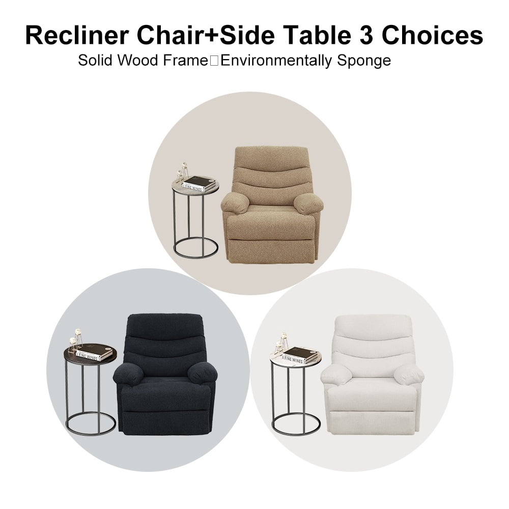 Nathaniel Home, 2pcs Accent Chair Sets, Recliner Chair with Side Table, Mocha Brown Single Manual Reclining Sofa, Snack C-Shaped Table, Round End Tables