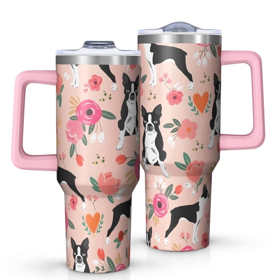 OBREWU Boston Terrier Dog and Flower Florals Tumbler with Handle and Lid,Boston Terrier Dog and Flower Florals 40oz Double Wall Vacuum Insulated Tumbler,Cups Gift for Women and Men