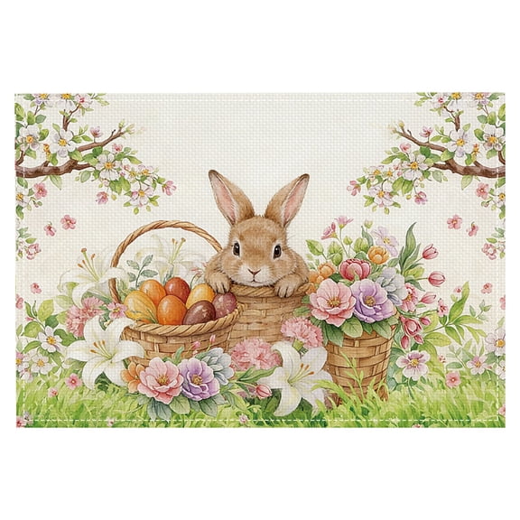 Easter Rabbit Placemats Set of 4 Spring Easter Egg Bunny Flowers Floral Place Mat 12x18 Inch Seasonal Farmhouse Linen Fabric Table Mats for Kitchen Dining Outdoor Indoor Easter Party Decoration