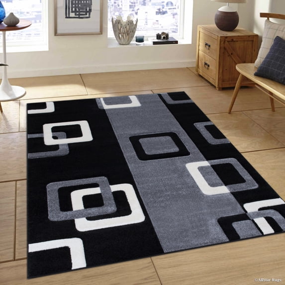 Allstar Grey Modern Geometric Black square Formal design Area Rug (3' 9" x 5' 1")