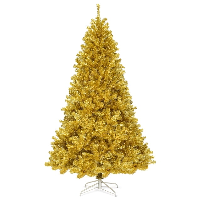 Árbol de Navidad Artificial Costway de Oropel 225 cm con 1258 Puntas Soporte Plegable Dorado Champán